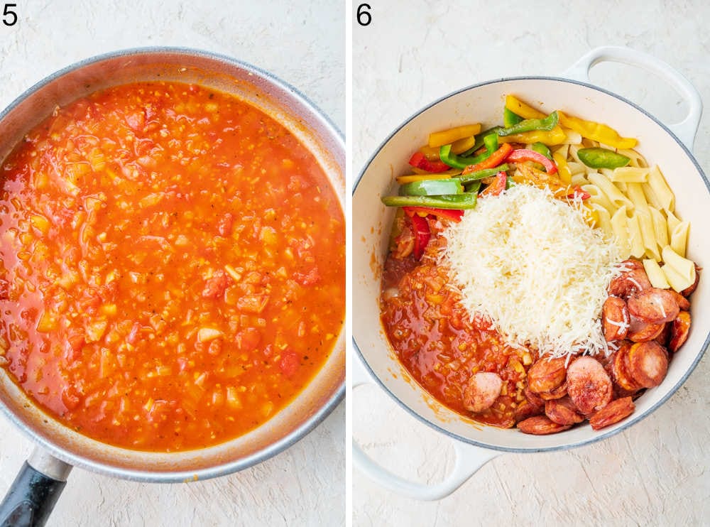 Tomato sauce in a pan. All ingredients for pasta in a pot.