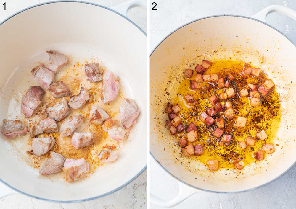 Pan-fried pork chunks in a pot. Pan-fried diced bacon in a pot.