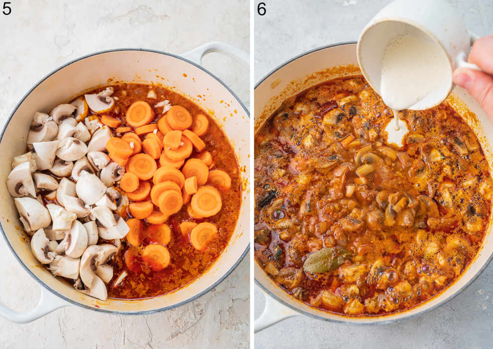 Mushrooms and carrots added to a pot with pork stew. Corn starch slurry is being added to a pot with pork stew.