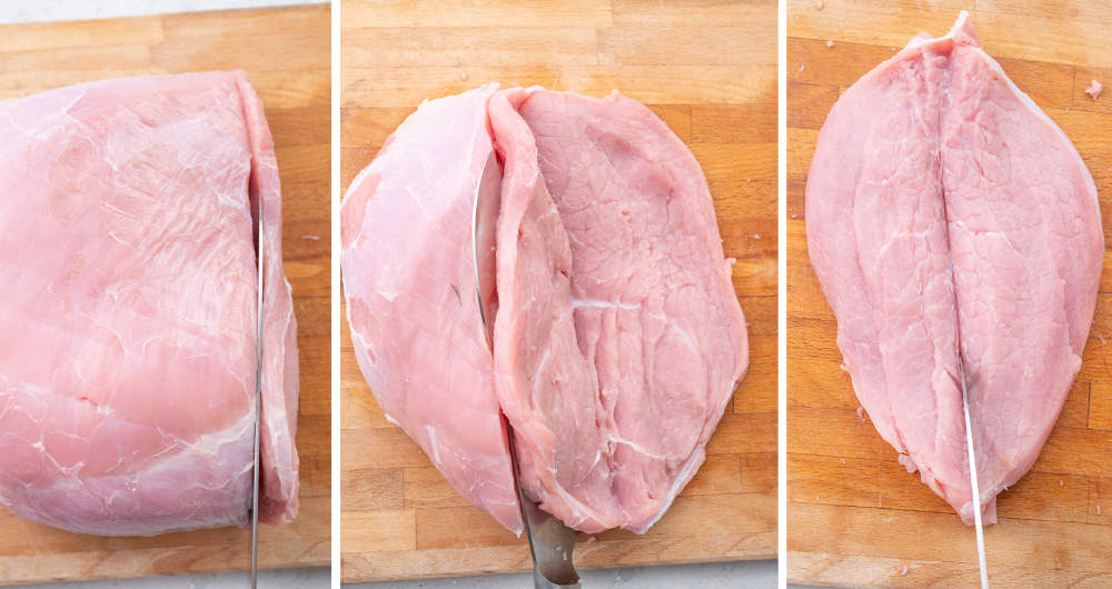 A collage of 3 photos showing how to cut cutlets from a veal top round.