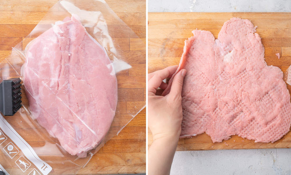 A veal cutlet is being pounded with a meat mallet.