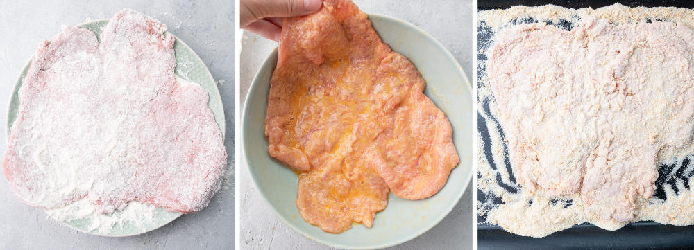 A collage of 3 photos showing how to bread veal cutlets.