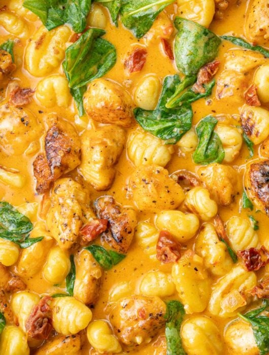 A close-up photo of creamy Tuscan chicken with gnocchi, sun-dried tomatoes, and spinach.