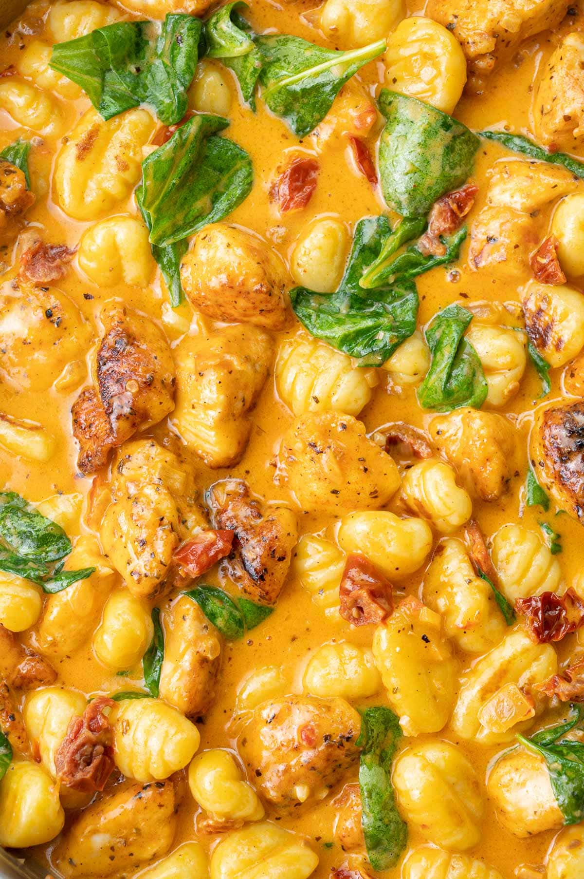 A close-up photo of creamy Tuscan chicken with gnocchi and spinach.