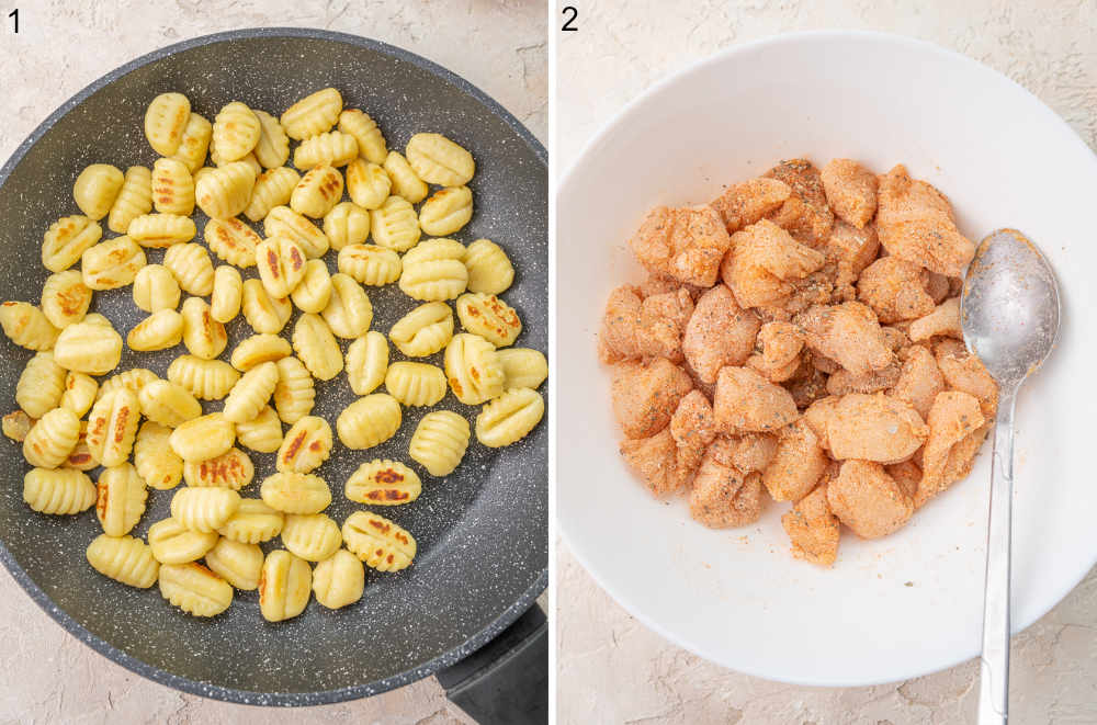 Pan-fried gnocchi in a pan. Seasoned diced chicken breast in a bowl.