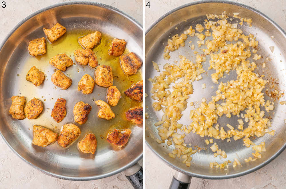 Pan-fried diced chicken in a pan. Sauteed onion and garlic in a pan.