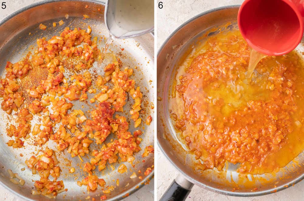 Sauteed onion with tomato paste in a pan. Broth is being added to the pan.