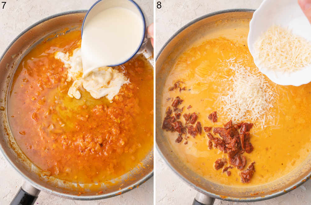 Cream is being added to a sauce in a pan. Parmesan is being added to a sauce in a pan.