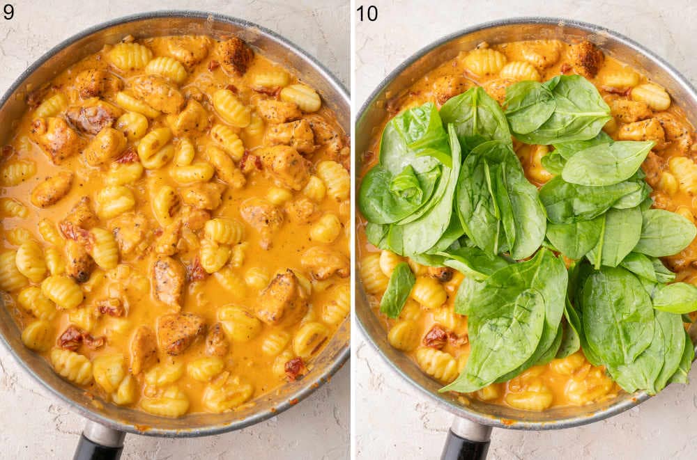 Creamy chicken with gnocchi in a pan. Chicken with gnocchi, sauce and spinach in a pan.