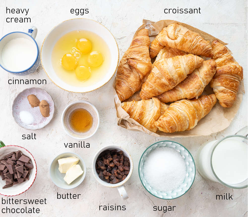 Labeled ingredients for croissant bread pudding.