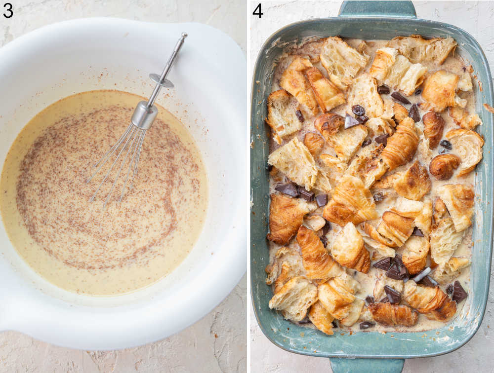 Custard mixture in a bowl. Croissants with custard mixture in a baking dish.