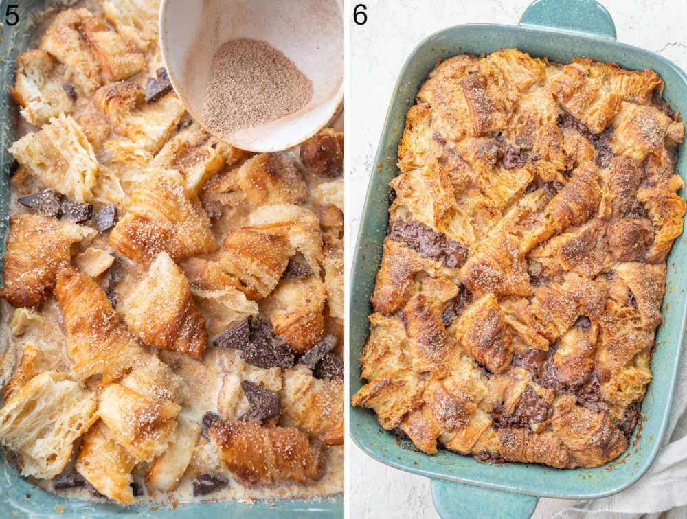 Croissantbread pudding is being sprinkled with cinnamon sugar. Baked croissant bread pudding in a baking dish.
