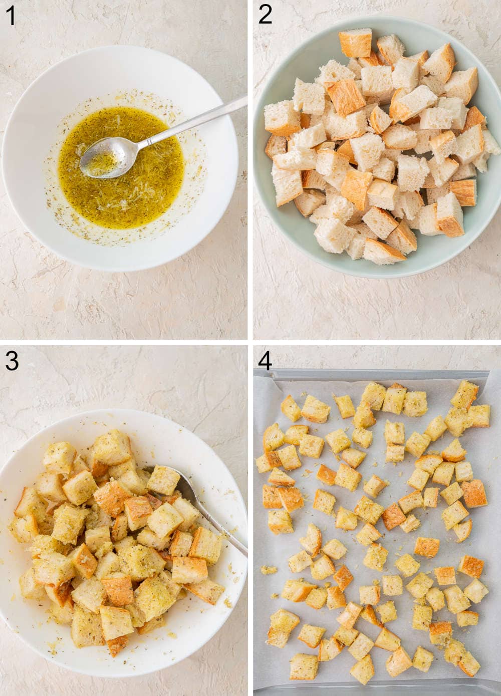 A collage of four photos showing how to prepare homemade croutons.