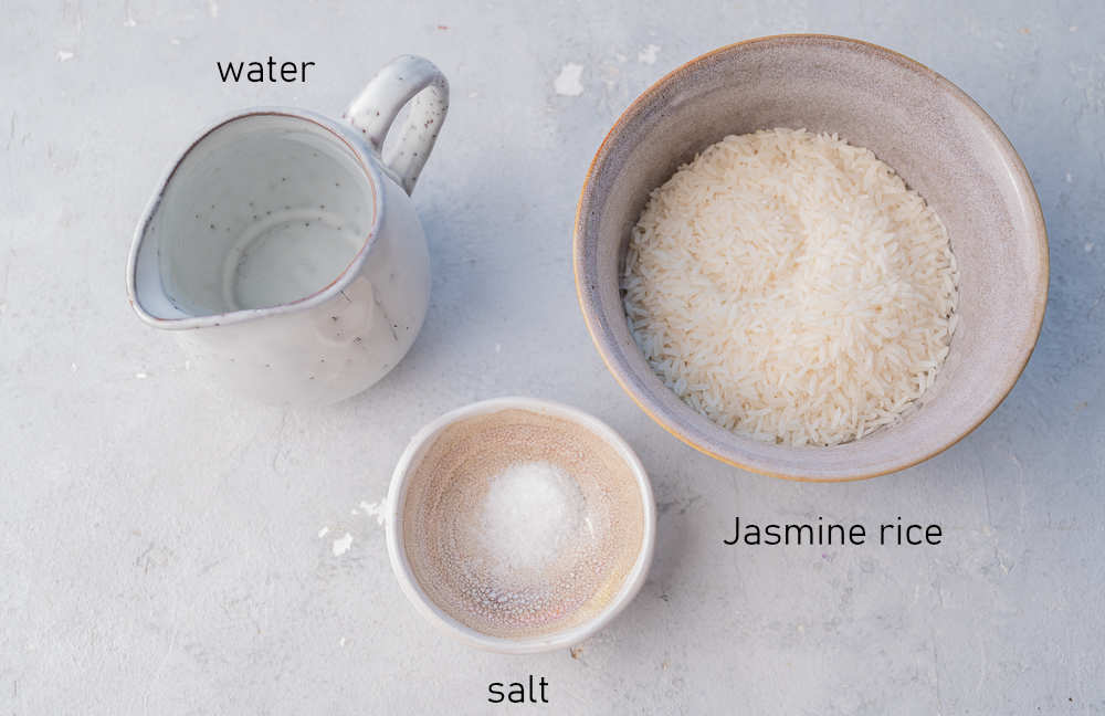 Labeled ingredients needed to cook Jasmine rice.
