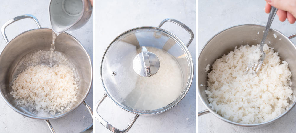 A collage of 3 photos showing how to cook Jasmine rice.