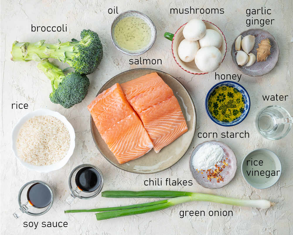 Labeled ingredients for salmon stir fry.