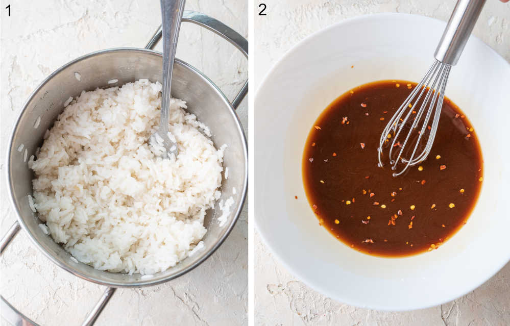 Cooked rice in a pot. Stir fry sauce in a white bowl.