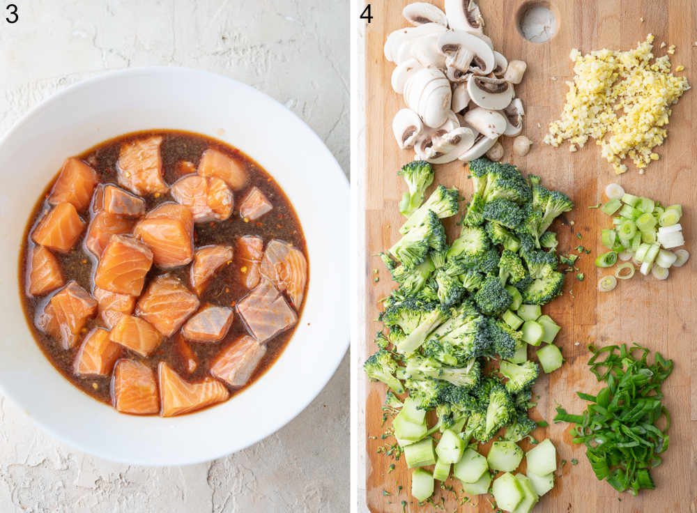 Salmon cubes with sauce in a white bowl. Chopped vegetables on a chopping board.