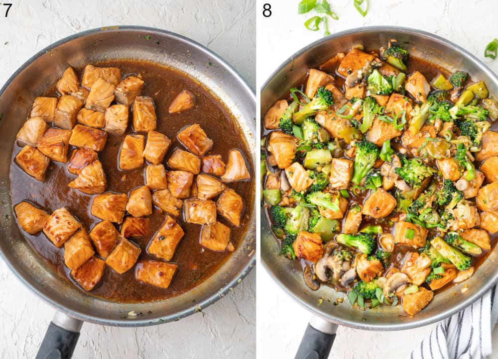 Pan-fried salmon with stir-fry sauce in a pan. Salmon stir fry with broccoli and mushrooms in a pan.