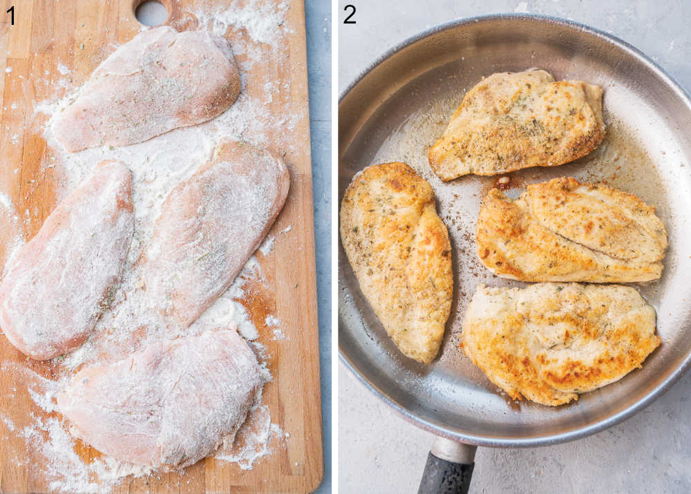 Chicken fillets dredged in flour on a chopping board. Pan-fried chicken fillets.