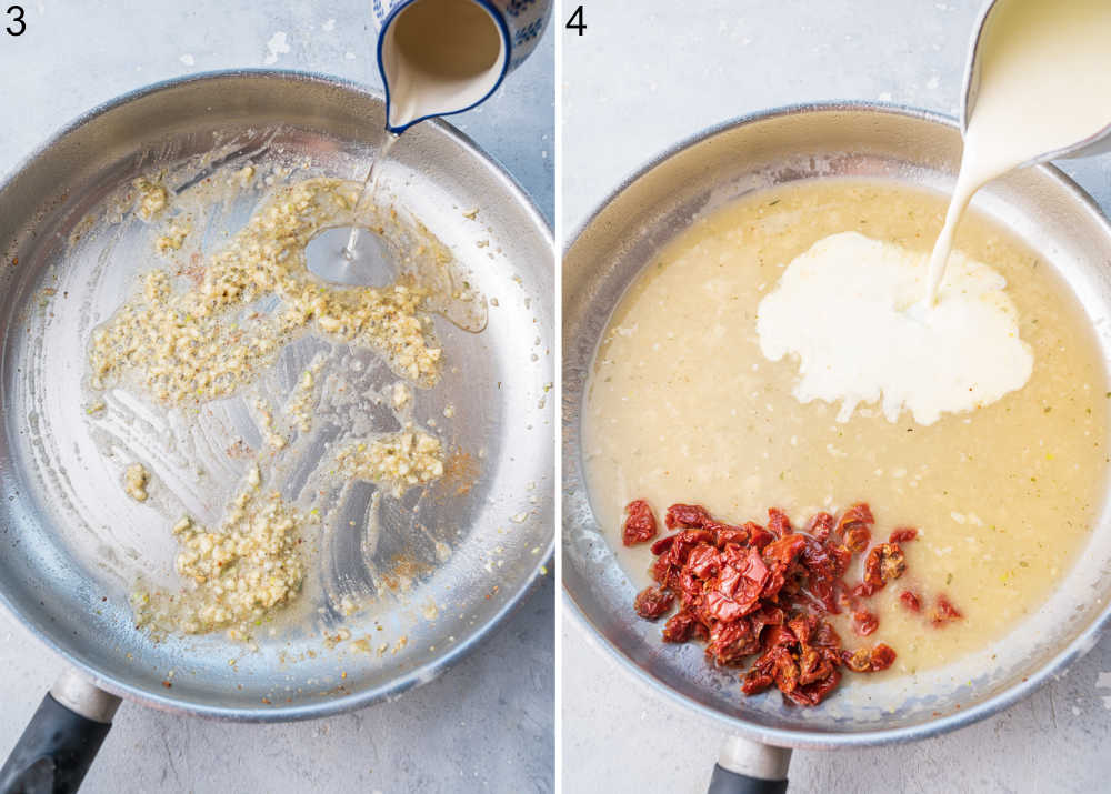 Wine is being added to sauteed garlic in a pan. Heavy cream is being added to a pan.