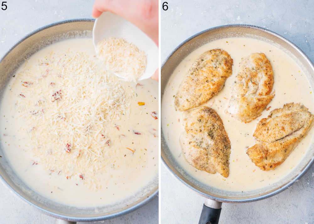 Parmesan cheese is being added to the sauce in a pan. Chicken with creamy sauce in a pan.