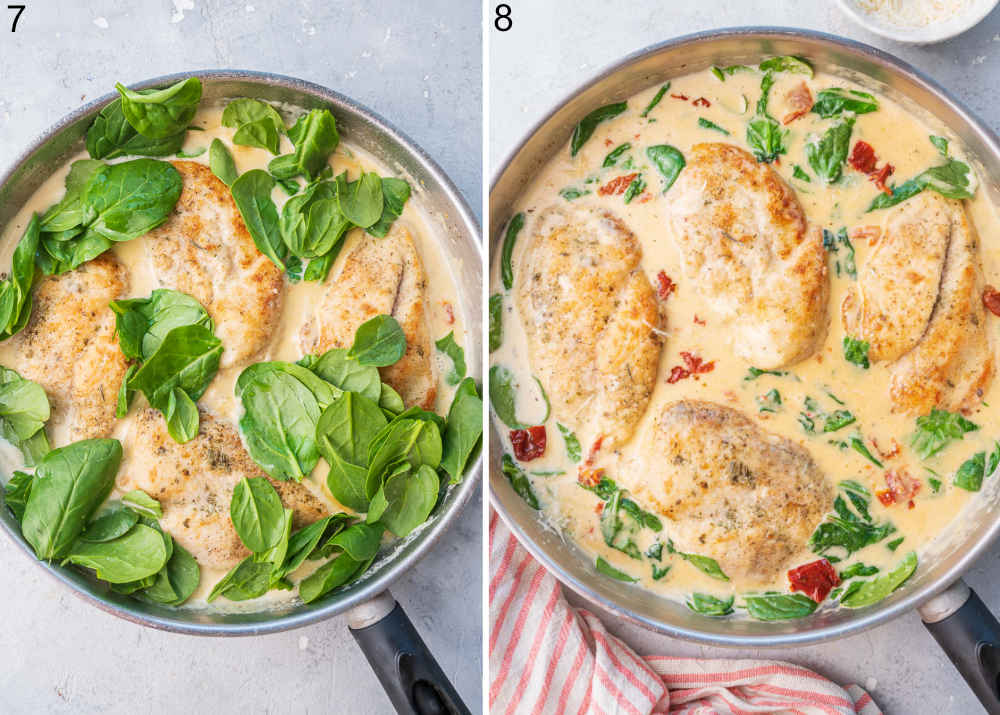 Creamy tuscan chicken in a pan.