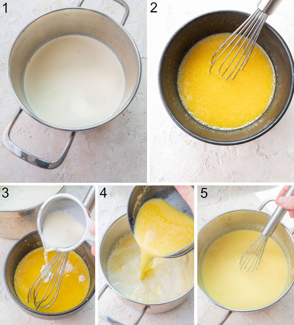A collage of 5 photos showing how to prepare vanilla sauce step by step.