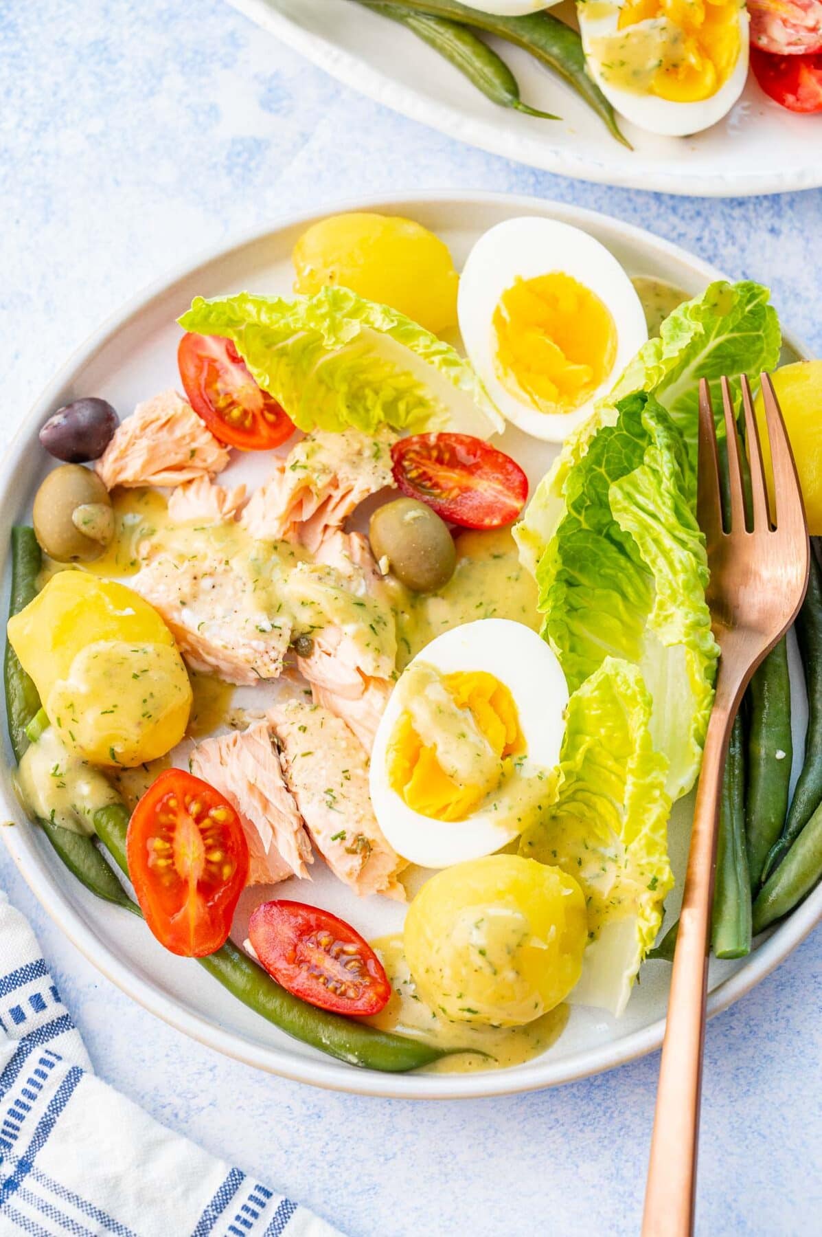 One serving of Salmon Nicoise salad on a white plate.