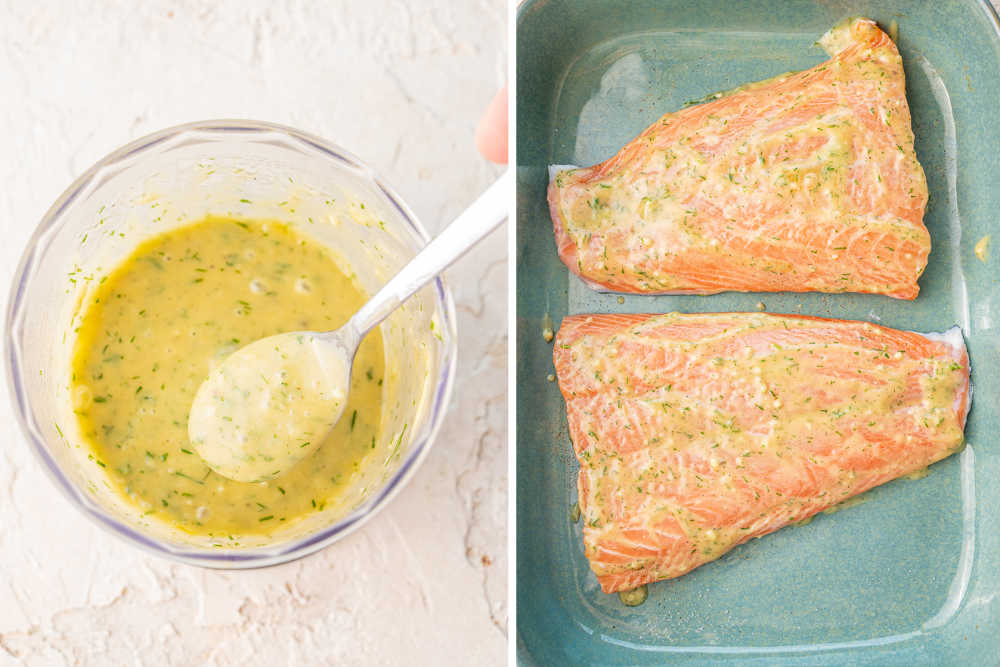 Nicoise salad dressing in a food processor. Salmon fillets in a baking dish.