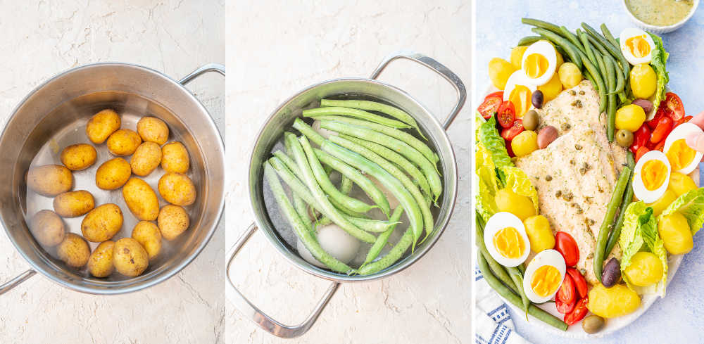 Cooked potatoes in a pot. Cooked green beans in a pot. Assembling salmon Nicoise salad.