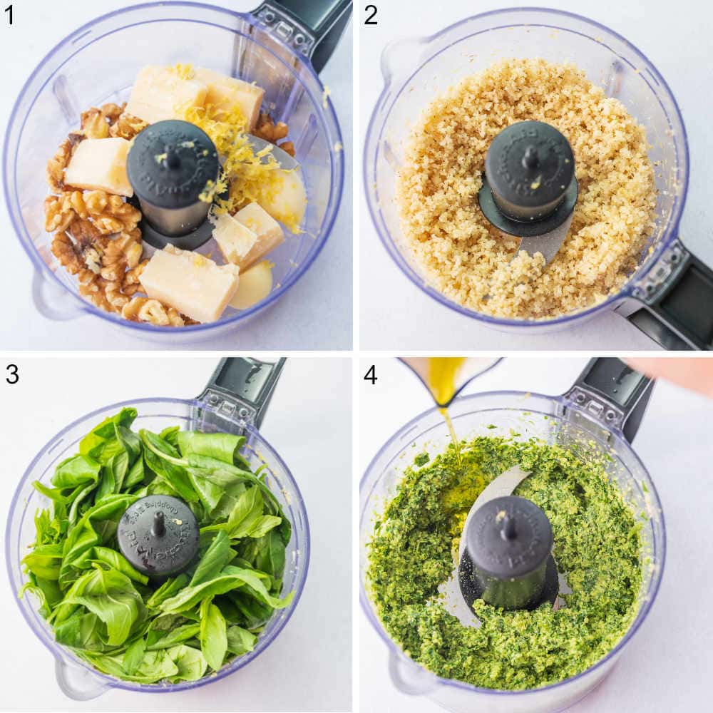 A collage of 4 photos showing how to make basil walnut pesto.