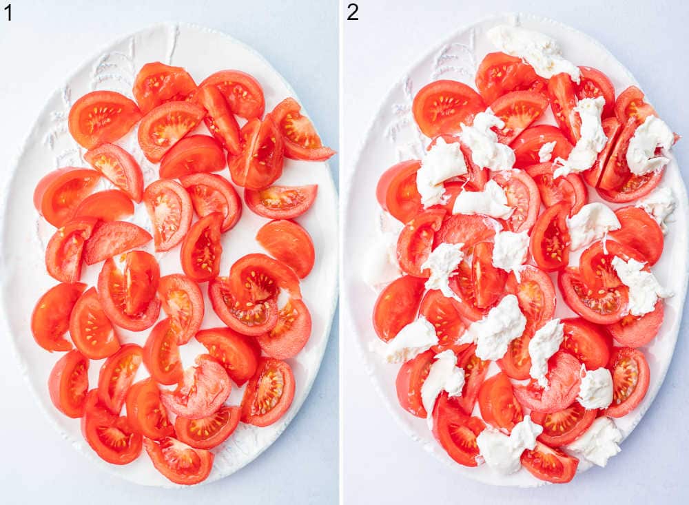 Tomato wedges on a white plate. Tomatoes and pieces of burrata on a white plate.