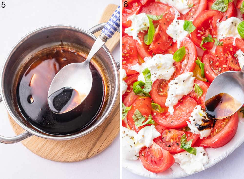 Balsamic glaze in a pot. Burrata Caprese salad is being poured with balsamic glaze.