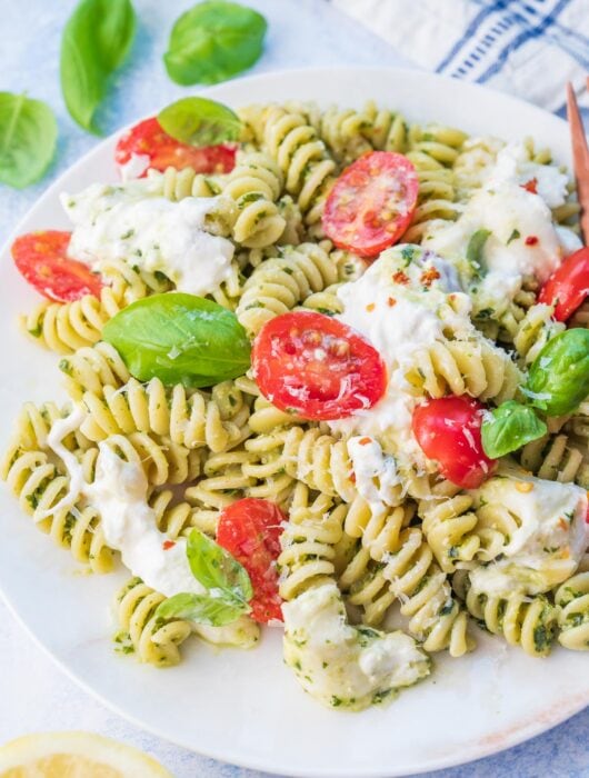 Burrata pasta on a white plate.