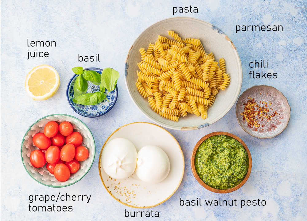 Labeled ingredients for burrata pasta.