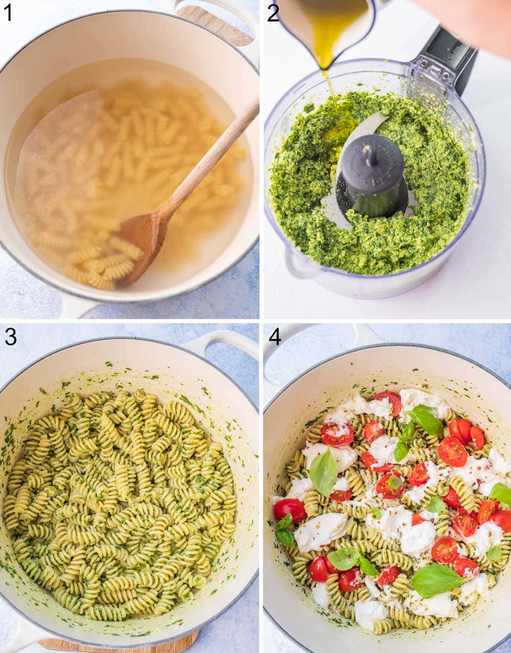 A collage of 4 photos showing preparation steps of burrata pasta.