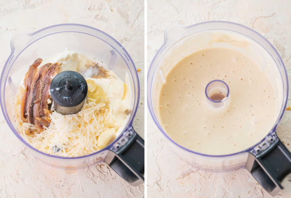 A collage of 2 photos showing how to prepare Caesar salad dressing.