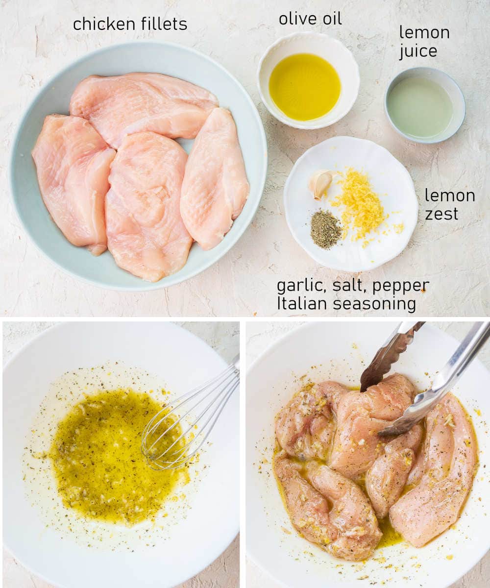 Labeled ingredients for lemon herb chicken. Chicken fillets are being tossed with marinade in a white bowl.