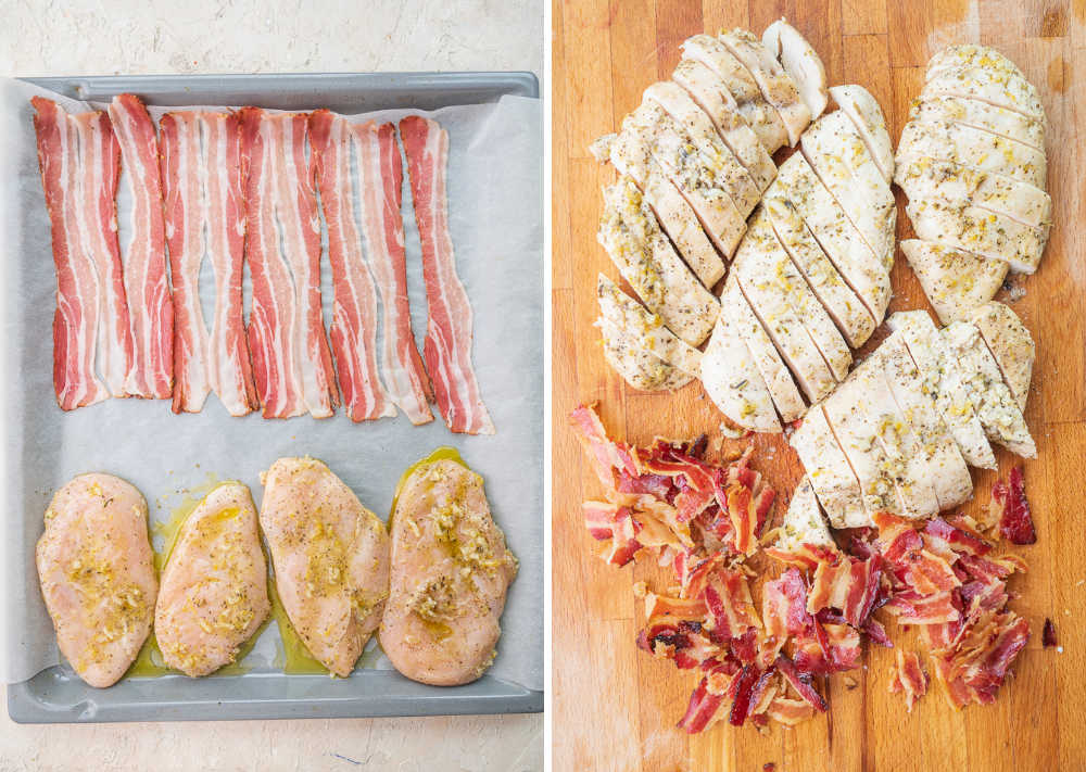 Chicken and bacon on a baking sheet. Cooked sliced chicken and cooked crumbled bacon on a chopping board.