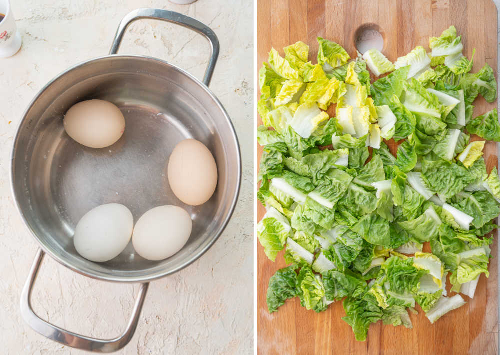 Eggs in a pot. Chopped lettuce on a chopping board.