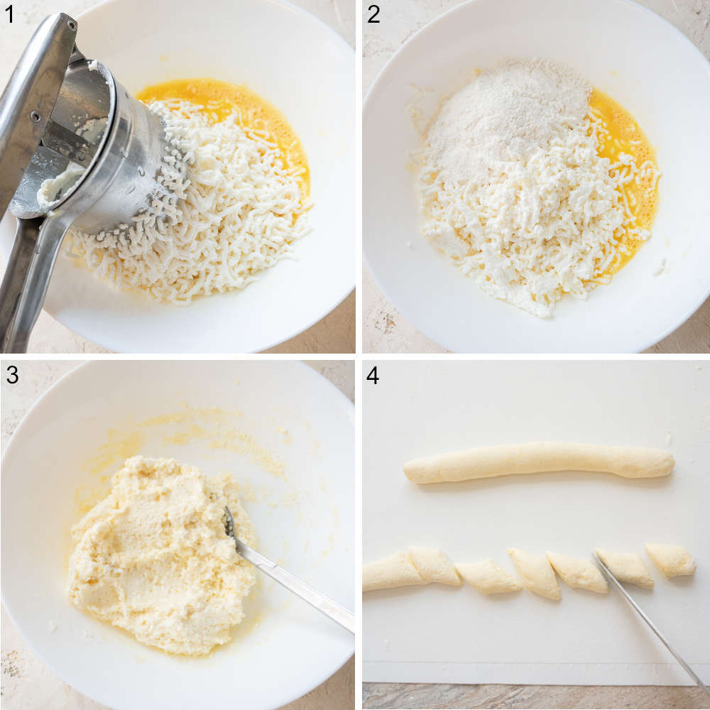 A collage of 4 photos showing how to make leniwe with cheese step by step.