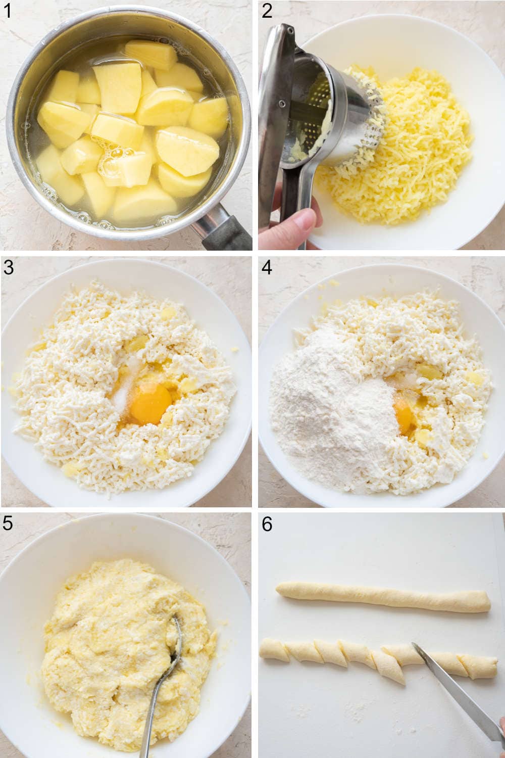 A collage of 6 photos showing how to make potato and cheese leniwe step by step.