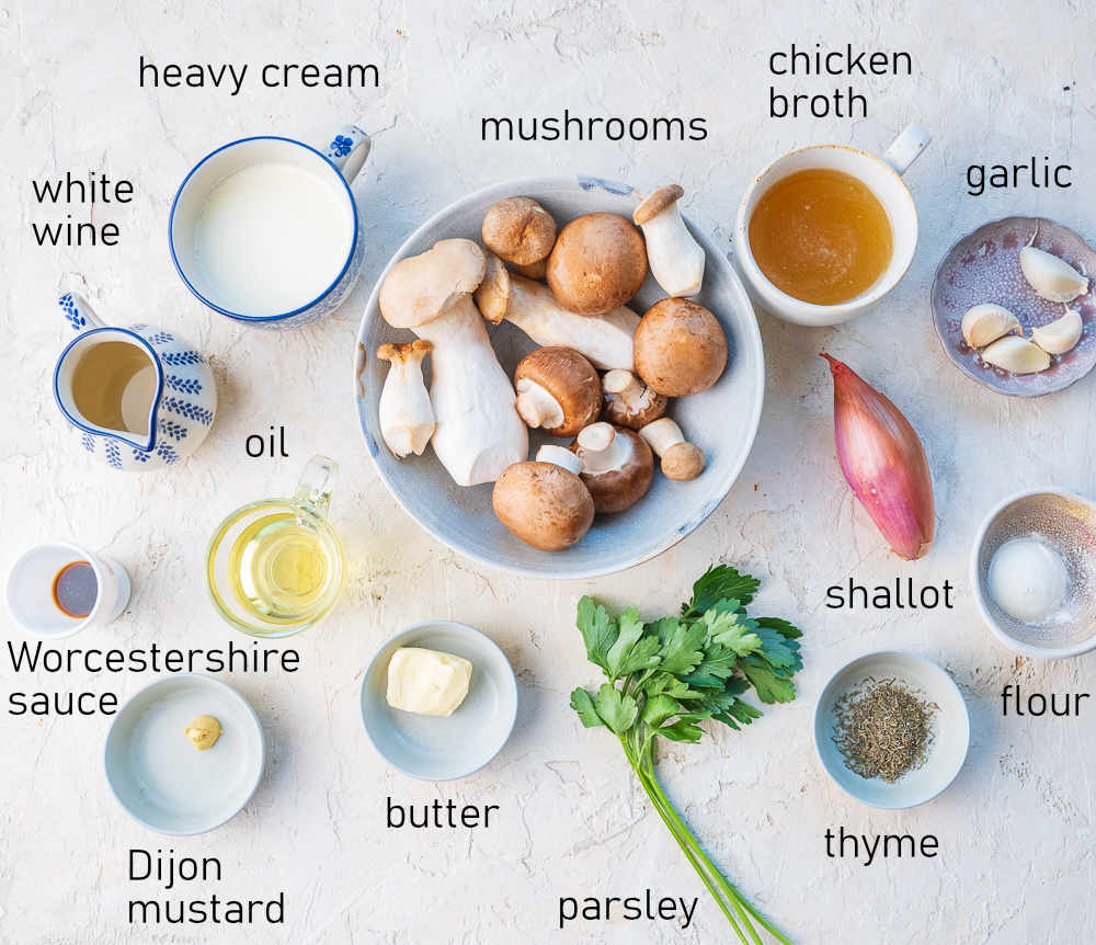 Labeled ingredients for creamy mushroom sauce.