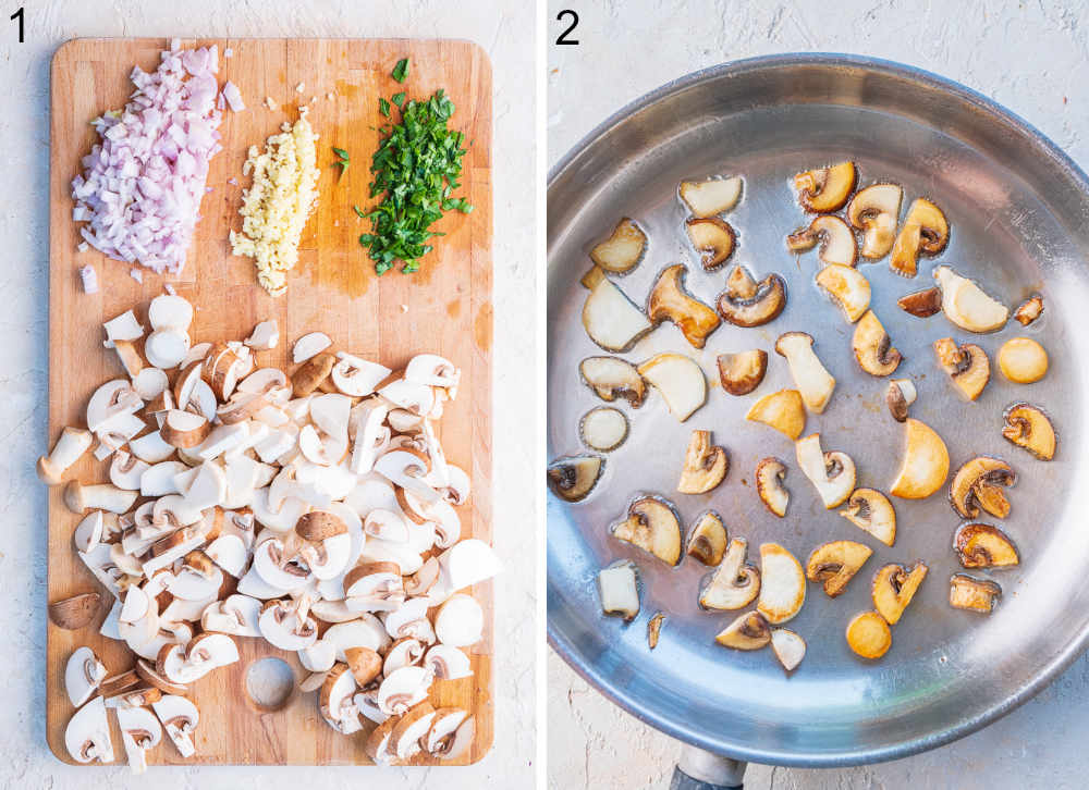 Chopped ingredients on a chopping board. Sauteed mushrooms in a pan.