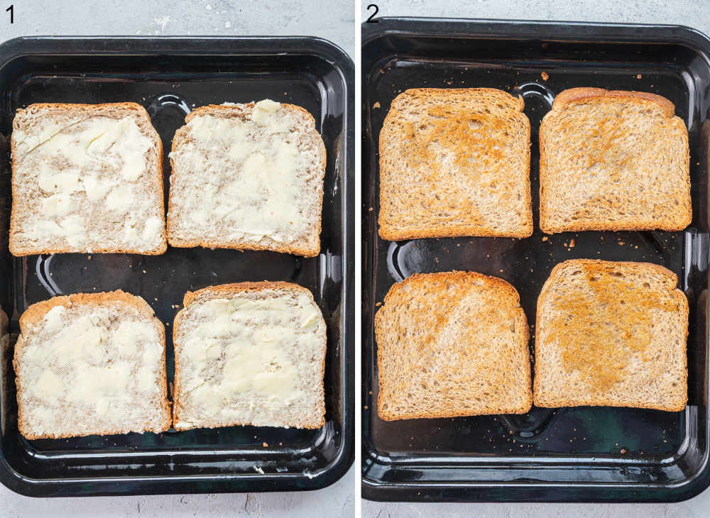 Toast with butter on a black baking pan. Browned toast on a baking pan.