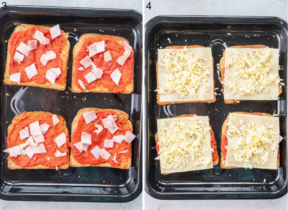 Pizza sauce and ham on a toast. Cheese on a toast.