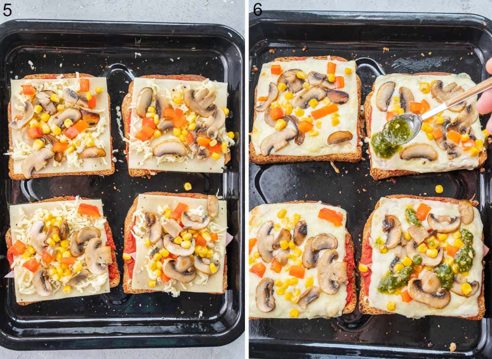 Pizza toast on a baking tray ready to be baked. Baked pizza toast is being topped with pesto.