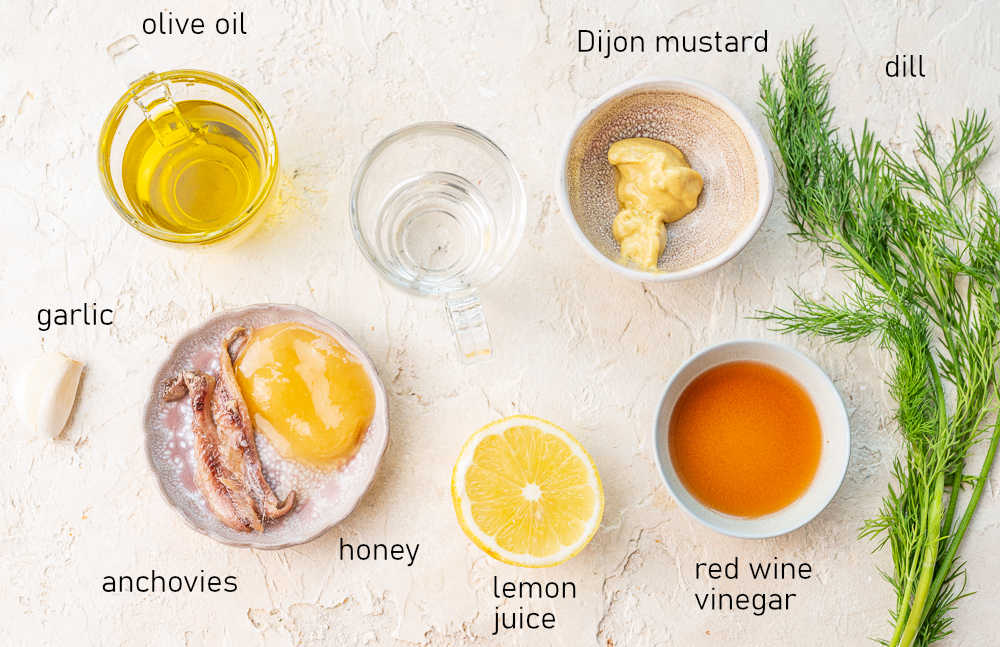 Labeled ingredients for Salmon Nicoise salad dressing.