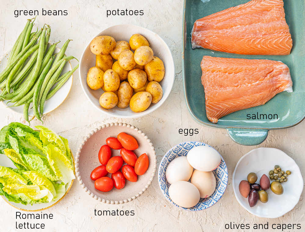 Labeled salmon Nicoise salad ingredients.